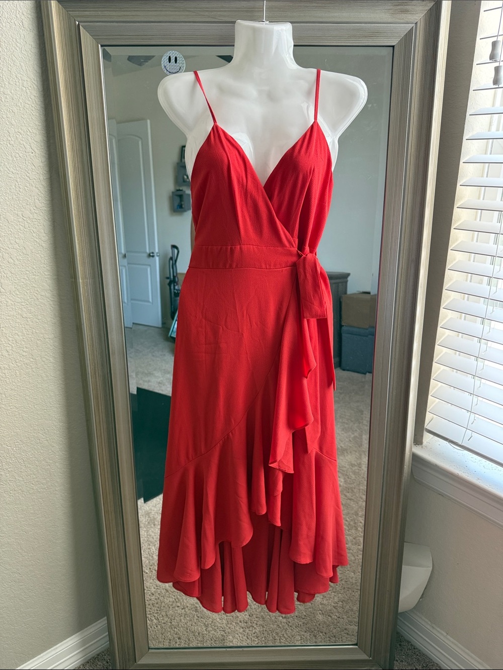 Orange Wrap Midi Dress with Ruffle Hem